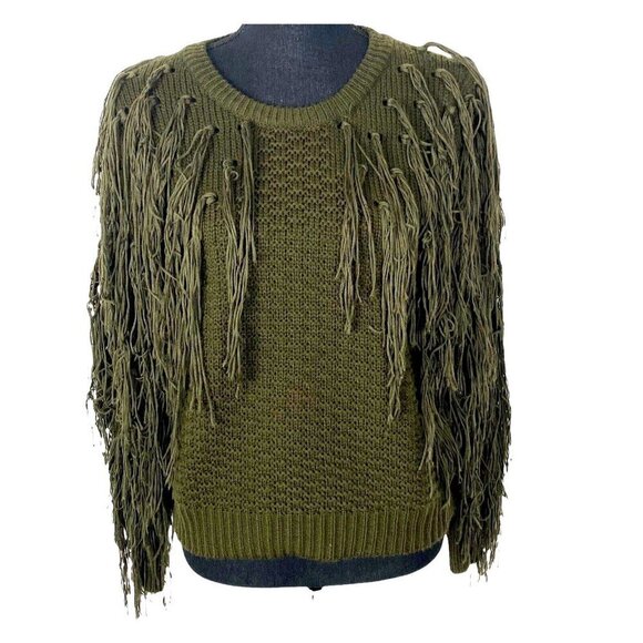 SADIE & SAGE Shaggy Fringe Sweater Pullover Long Sleeve Olive Green S 27-3 - Picture 1 of 8